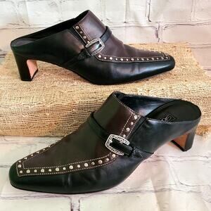 Brighton Tempe Leather Mules Black Brown Rivet Buckle Accents Women’s 8